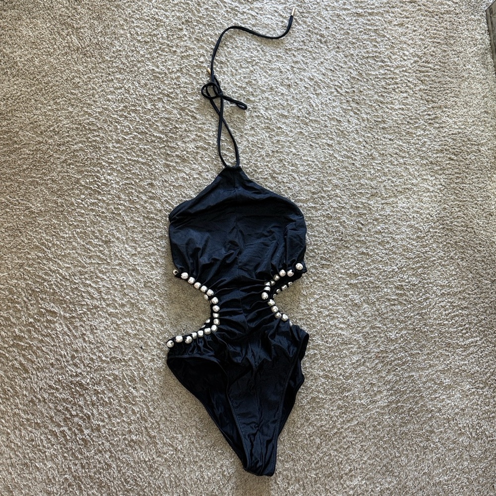 CULT GAIA Sibel One Piece Swimsuit Black Halter with Pearl Details Small - Picture 9 of 11